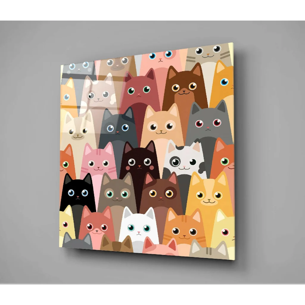 Colorful cartoon cats canvas wall art print with fun poses