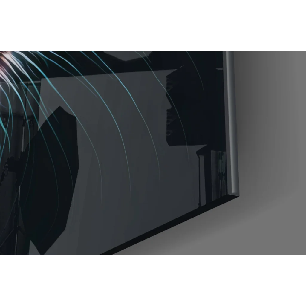 Sleek black-framed glass wall art TV screen with blue light streaks