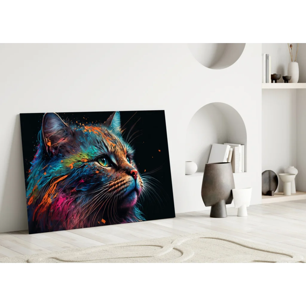 Vibrant colorful cat splash glass wall art print on black background