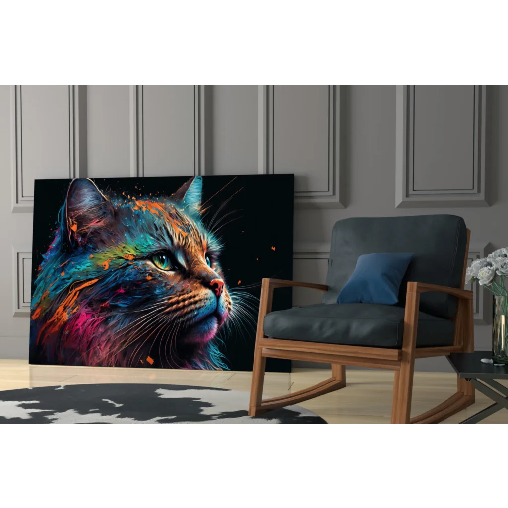 Vibrant digitally painted cat portrait on sleek black canvas for colorful cat splash glass wall art