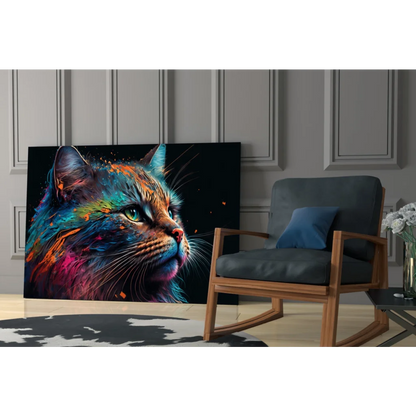 Vibrant digitally painted cat portrait on sleek black canvas for colorful cat splash glass wall art