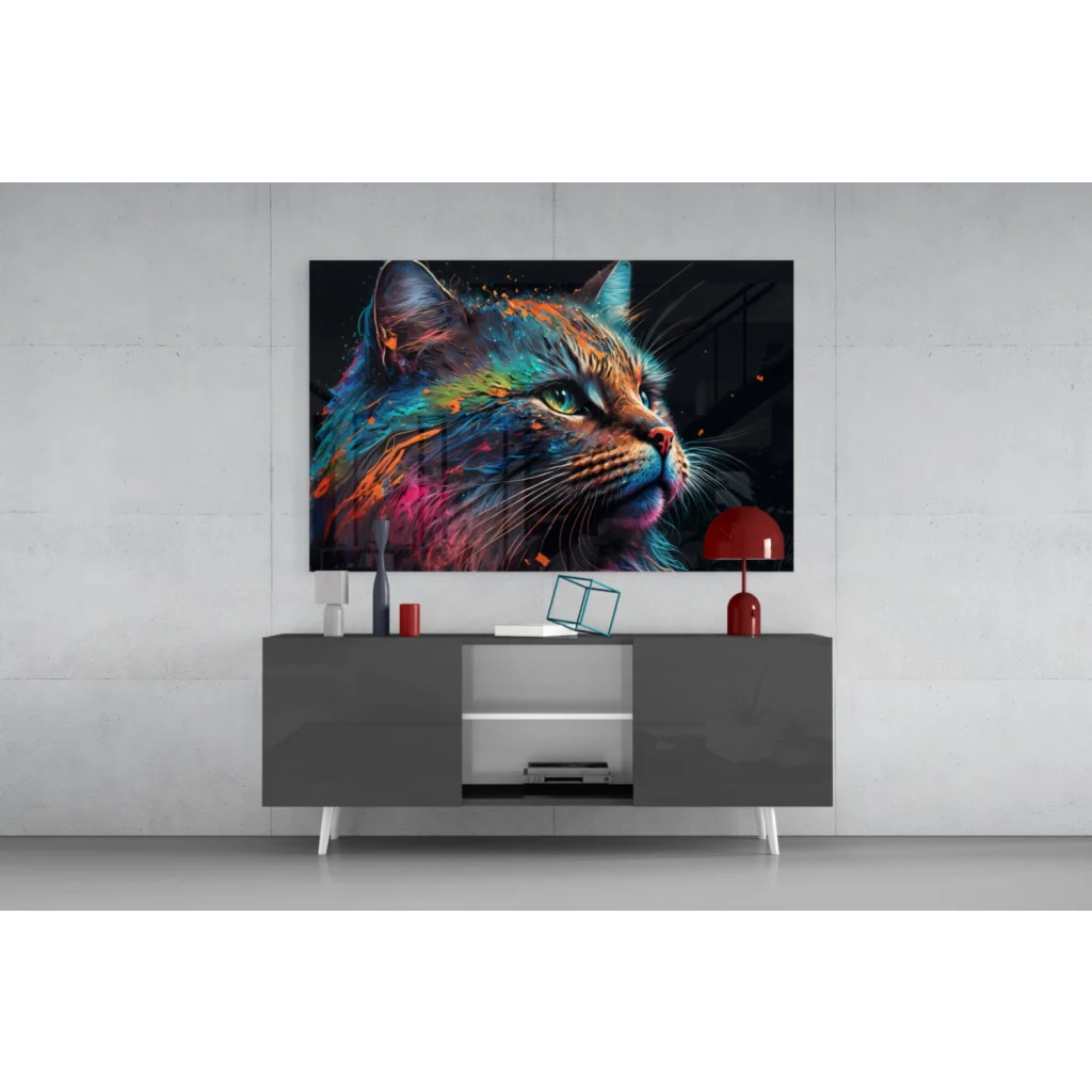 Vibrant colorful cat splash glass wall art print on black background