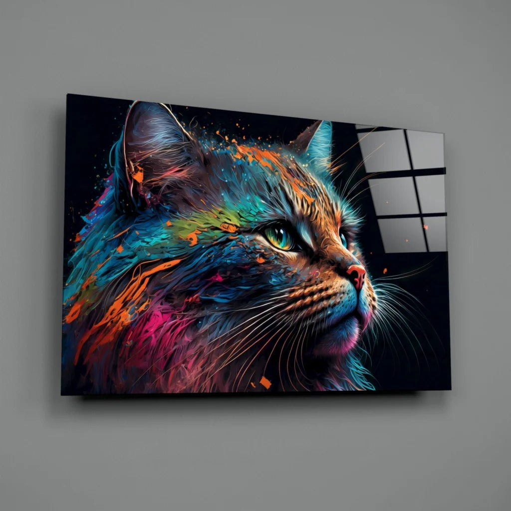 Vibrant colorful cat splash on glass wall art print