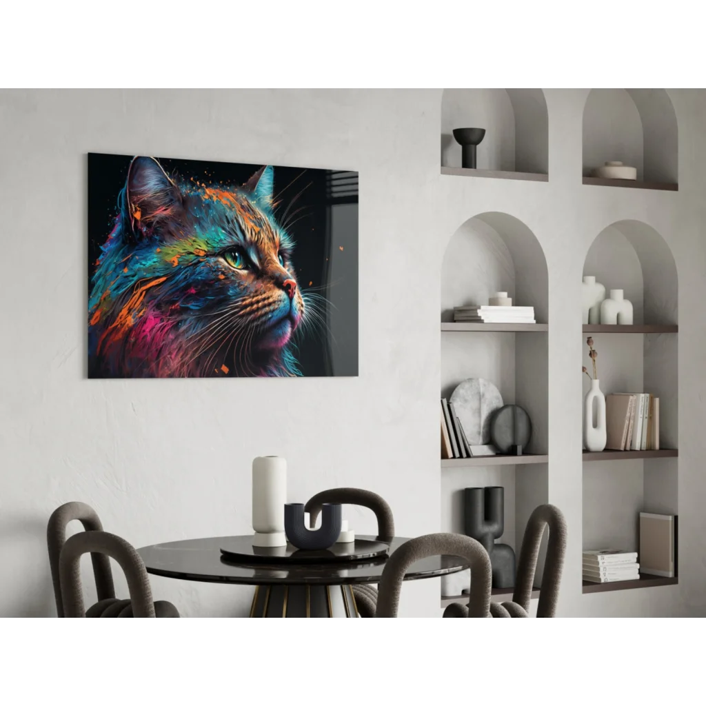Vibrant colorful cat splash glass wall art print with neon hues