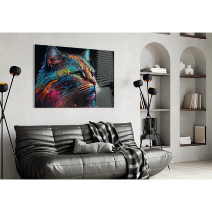 Vibrant colorful cat splash glass wall art print in modern living room
