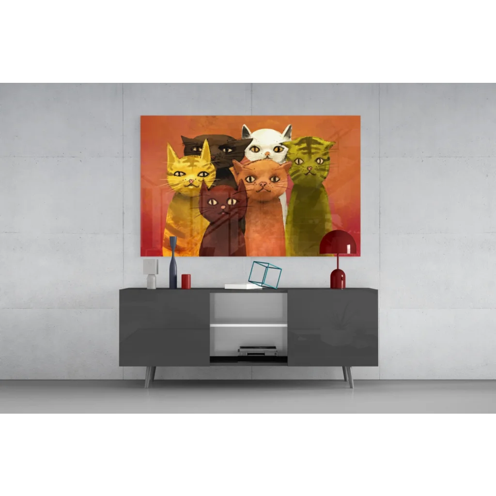 Vibrant colorful cats watercolor wall art print on orange gradient canvas