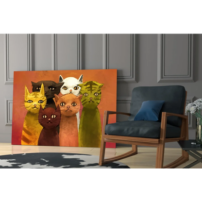 Vibrant colorful cats canvas wall art print on orange gradient background