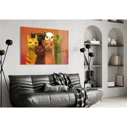 Vibrant orange and yellow cat-themed canvas wall art on wall
