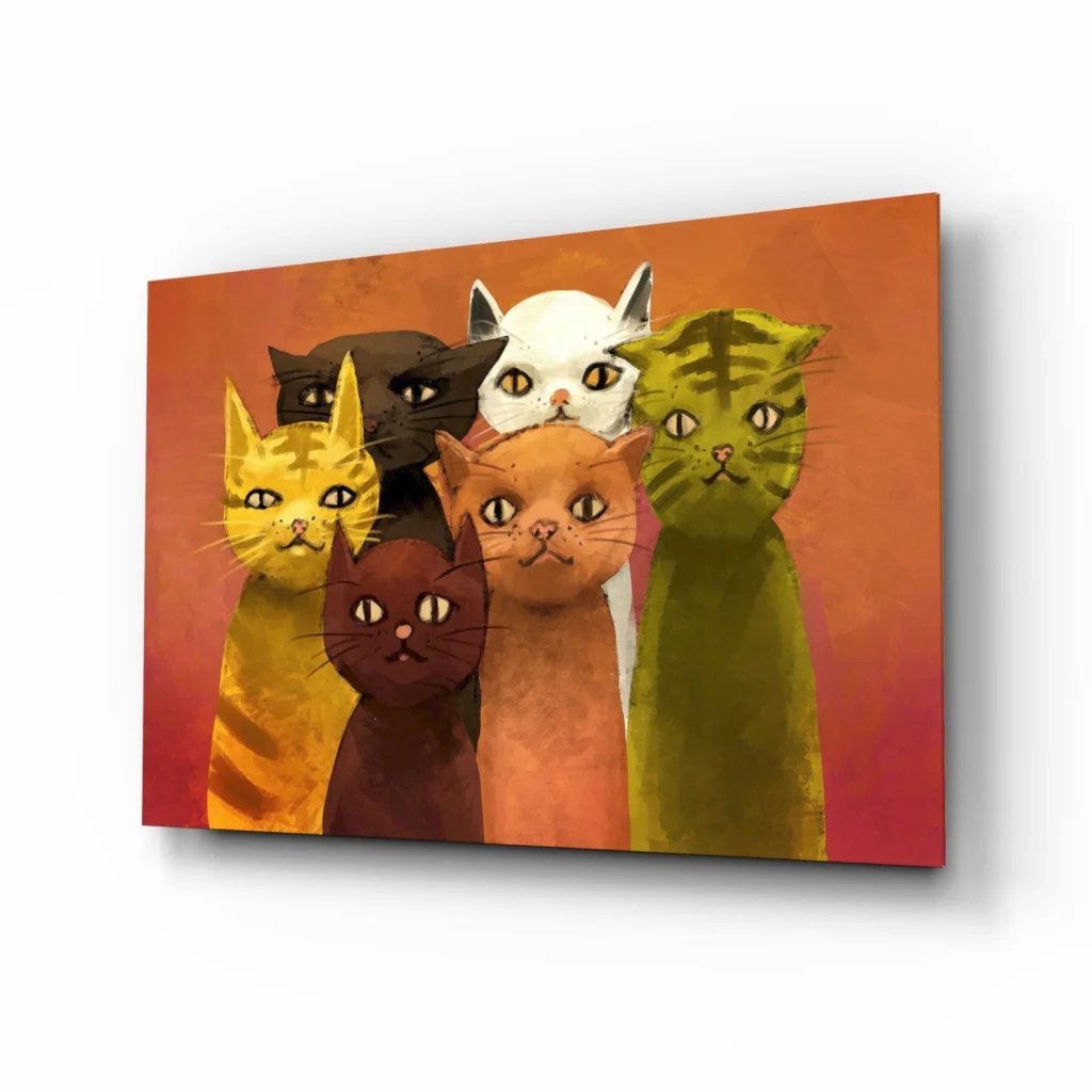 Vibrant colorful cats canvas wall art print on orange gradient background