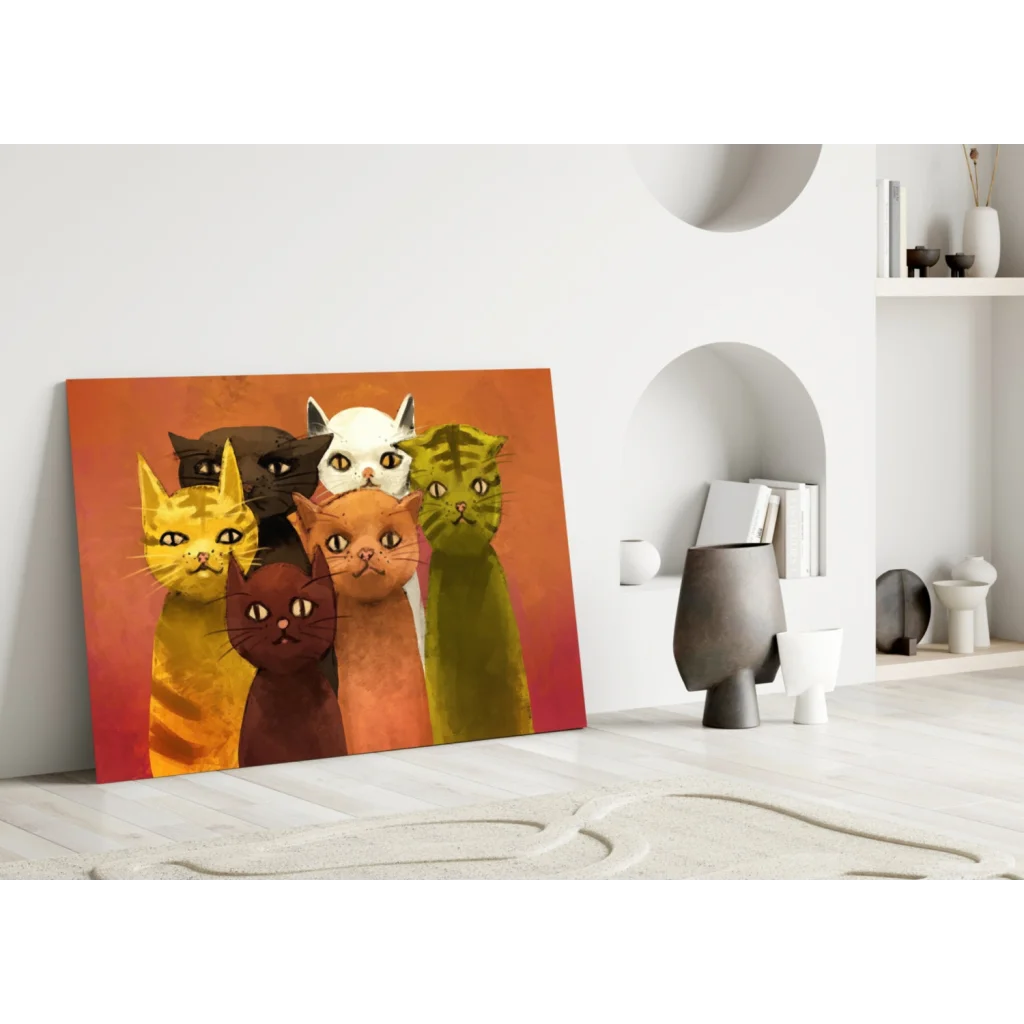 Vibrant colorful cats wall art canvas print with orange gradient background
