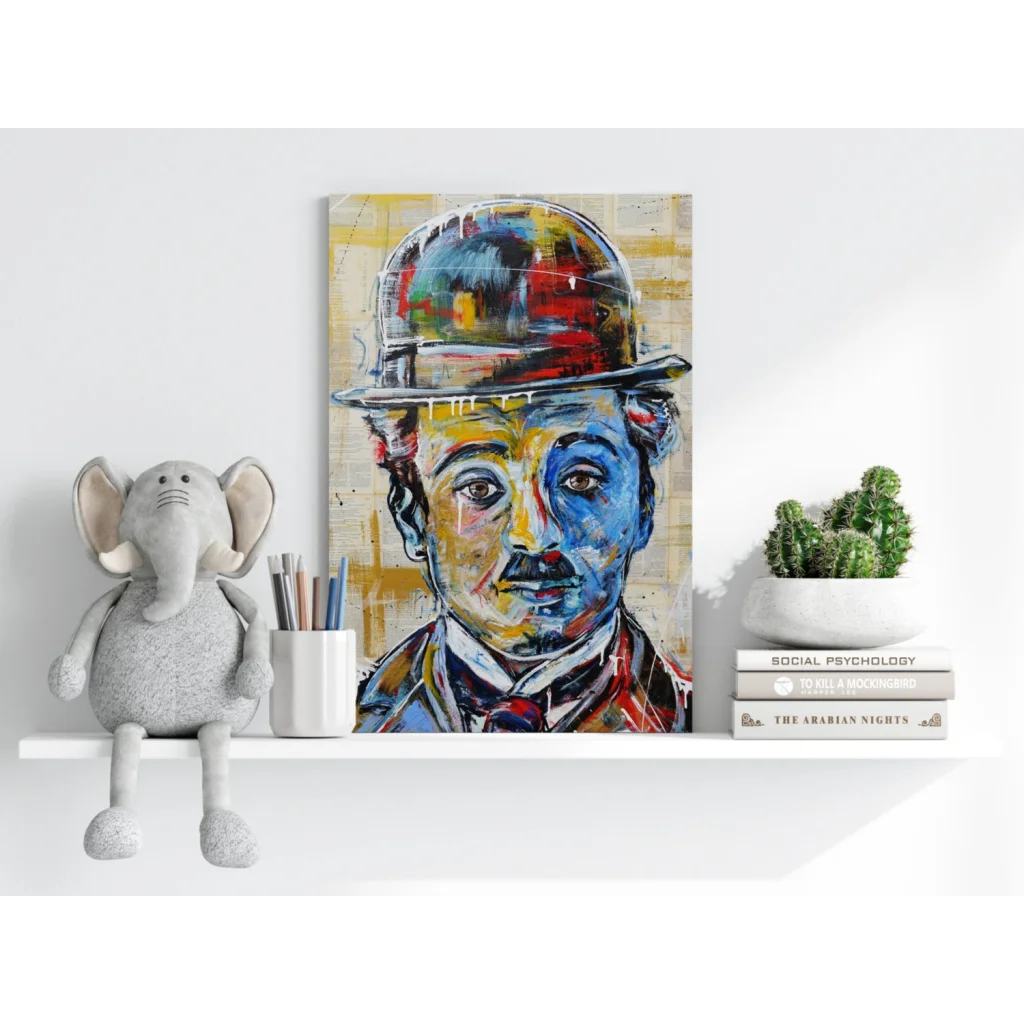 Colorful abstract canvas print of Charlie Chaplin in bowler hat
