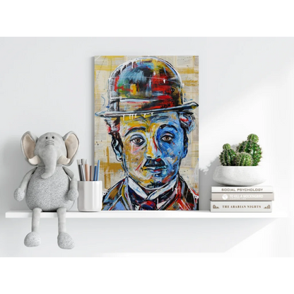Colorful abstract canvas print of Charlie Chaplin in bowler hat
