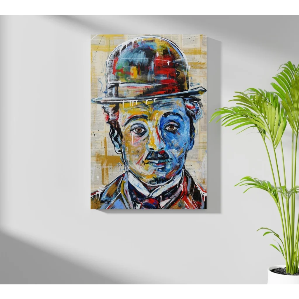Colorful abstract canvas print of Charlie Chaplin in bowler hat