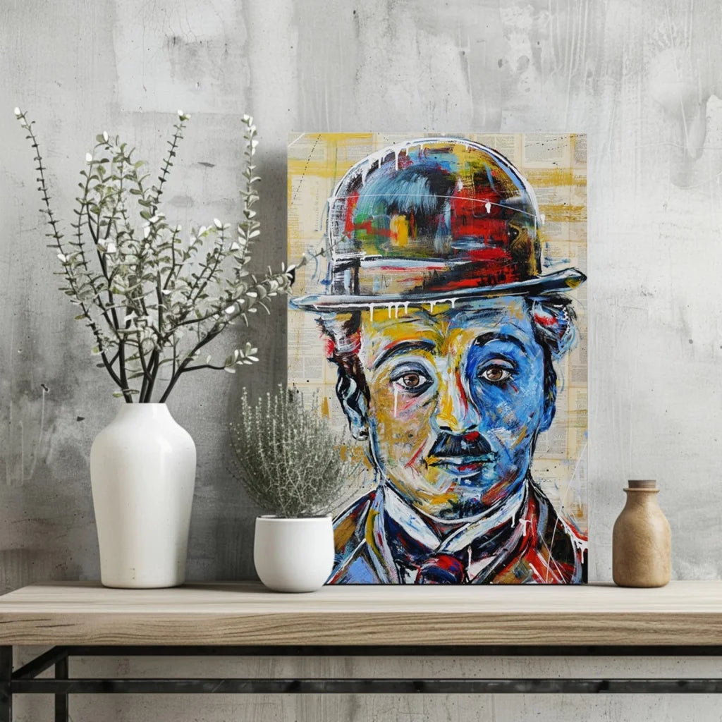 Colorful abstract portrait of Charlie Chaplin on canvas art print