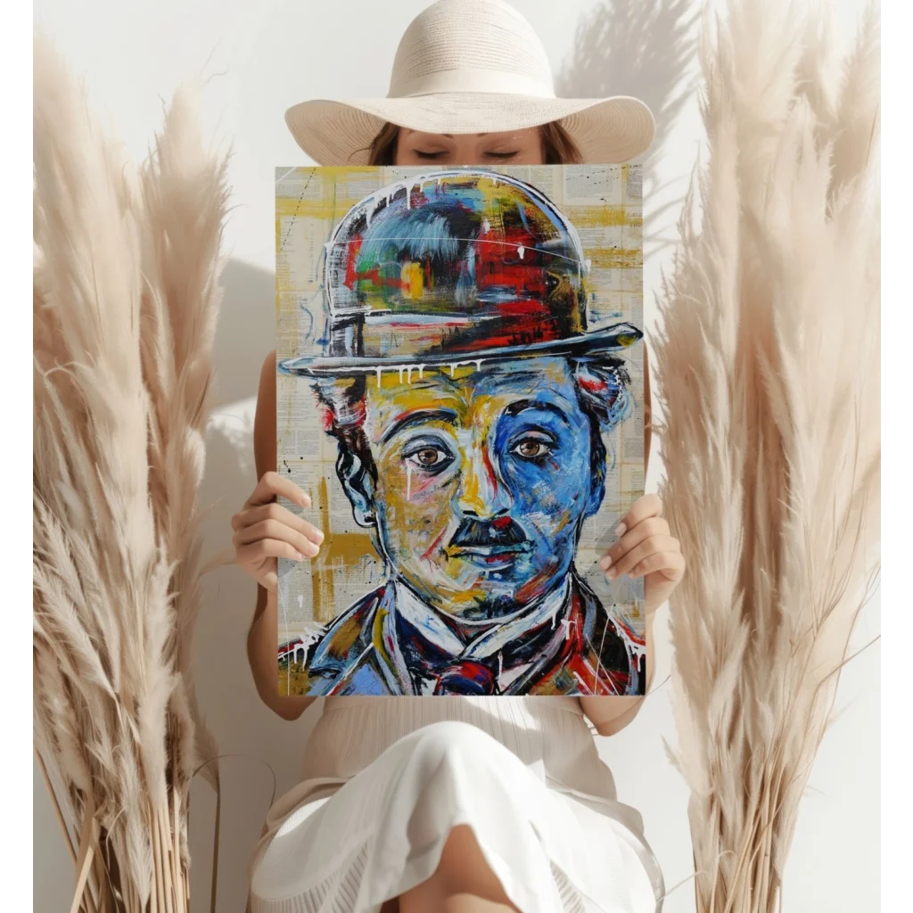Colorful abstract painting of Charlie Chaplin in bowler hat