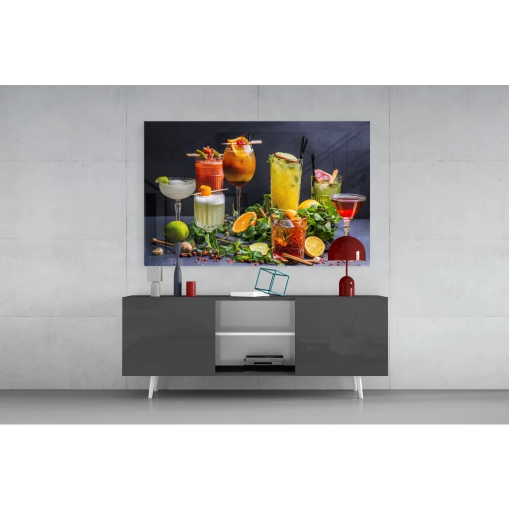 Vibrant colorful cocktails canvas wall art print with fresh garnishes