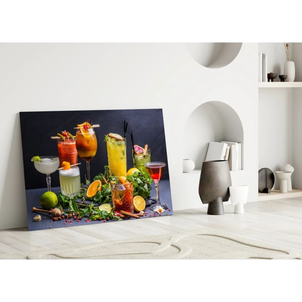 Vibrant colorful cocktails canvas wall art print with citrus garnishes