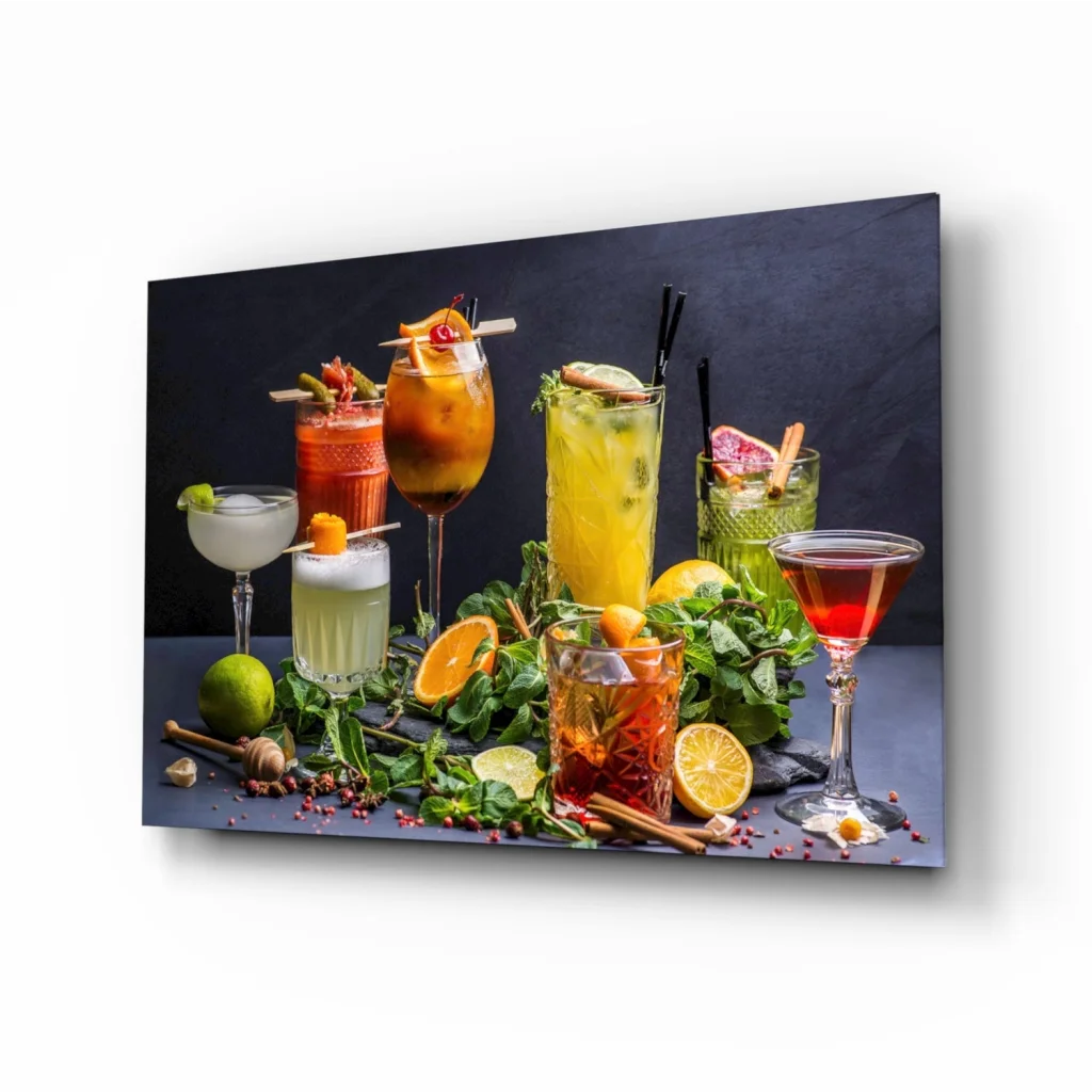 Vibrant colorful cocktails in glassware wall art print