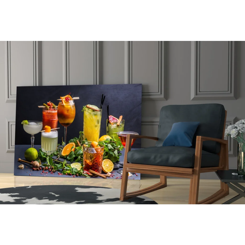 Dark gray rocking chair with wooden frame and blue cushion on wall art