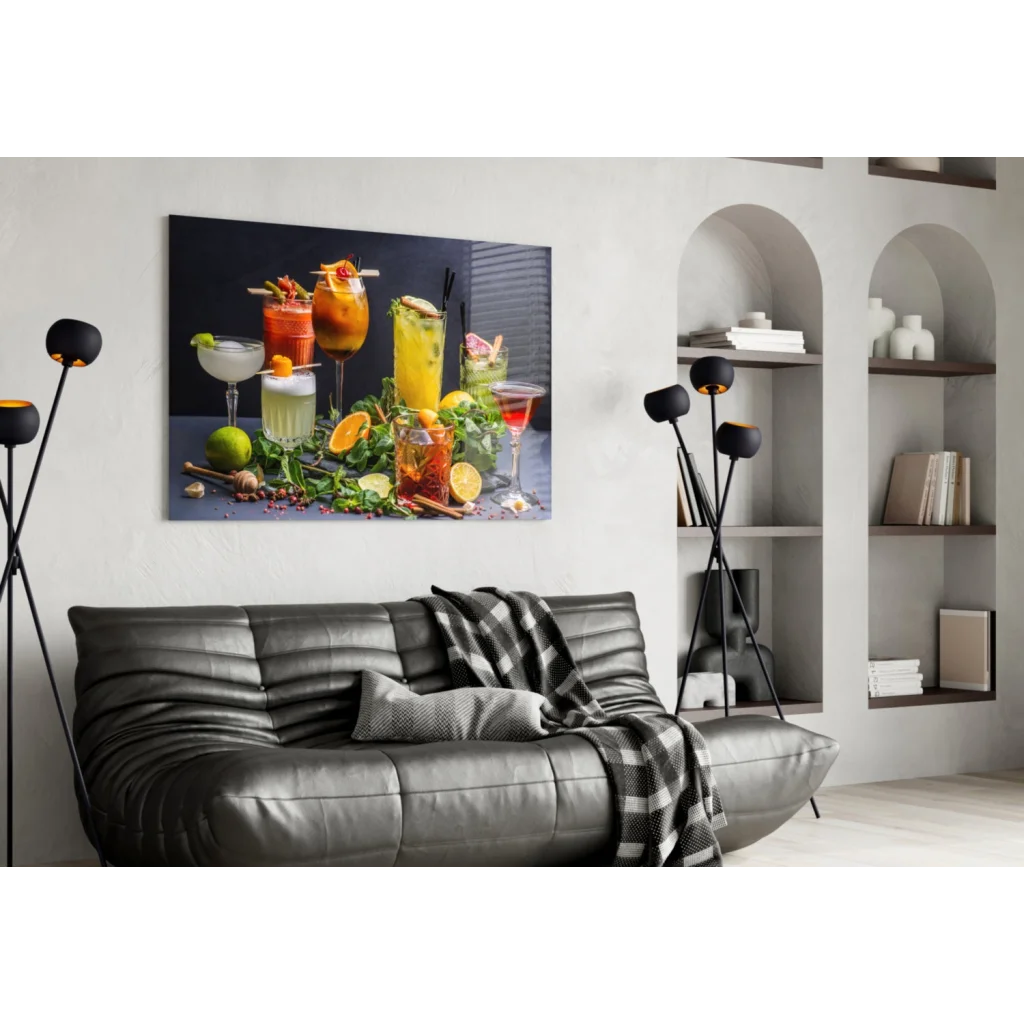 Vibrant colorful cocktails canvas wall art print with fresh garnishes