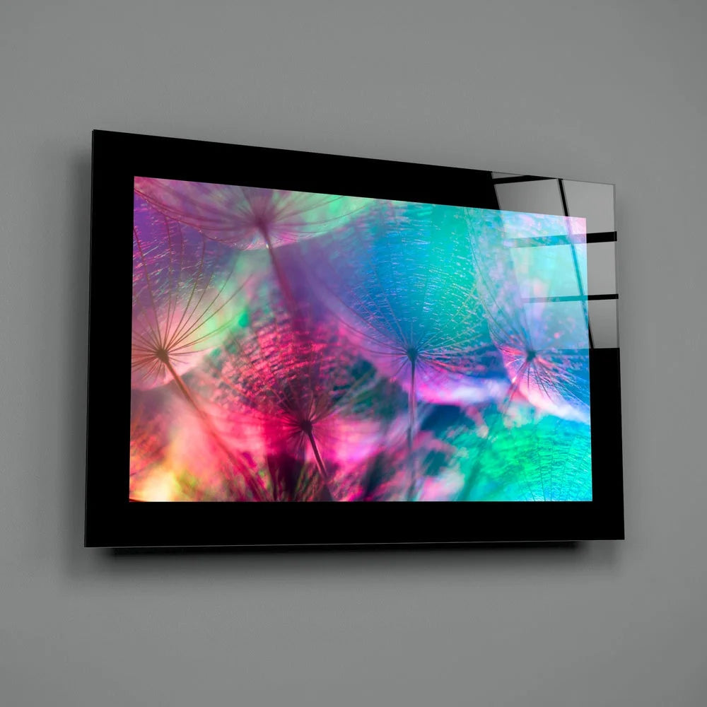 Sleek black-framed glass wall art with vibrant dandelion display