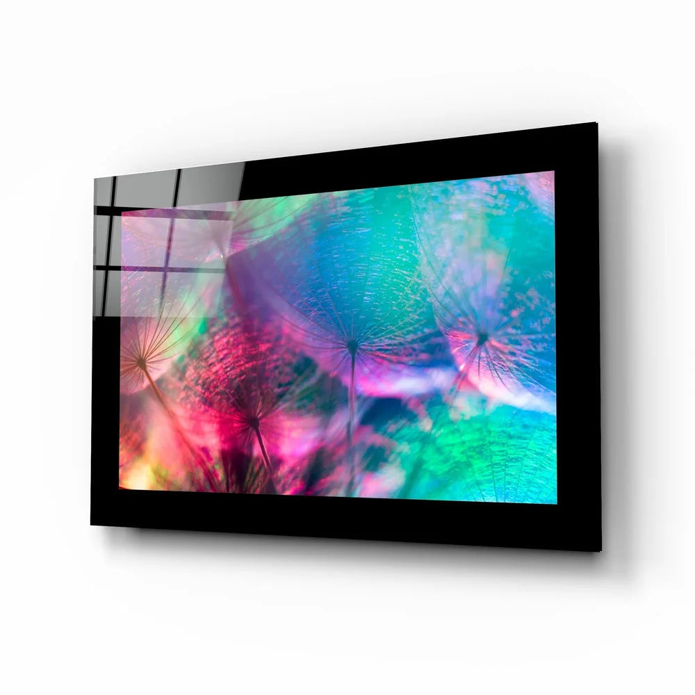Vibrant abstract dandelion glass wall art in sleek black frame