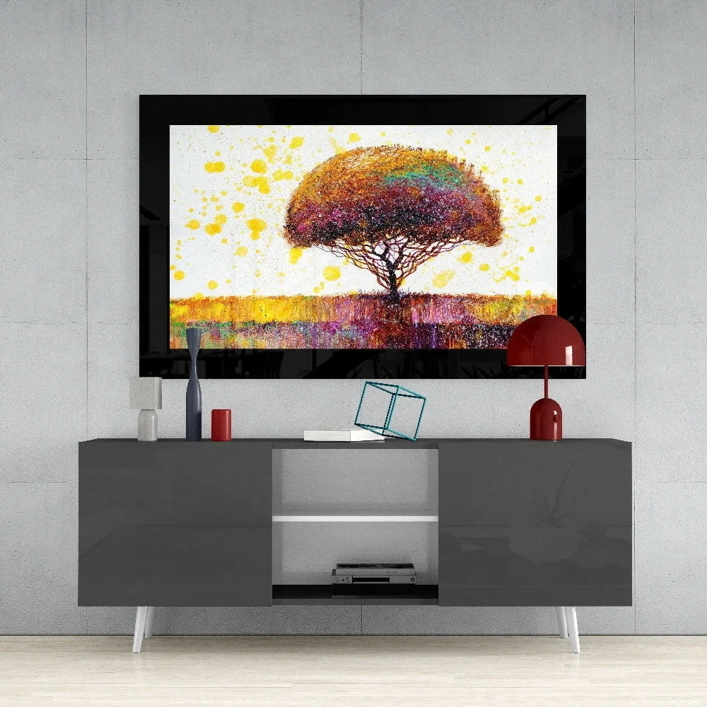 Vibrant abstract tree wall art canvas with multicolored canopy and yellow splatters