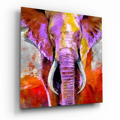 Vibrant abstract elephant glass wall art in bold purple, yellow, orange hues