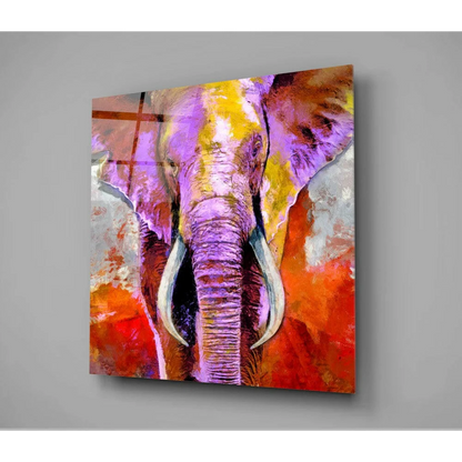 Vibrant abstract elephant glass wall art in bold purple, yellow, orange hues