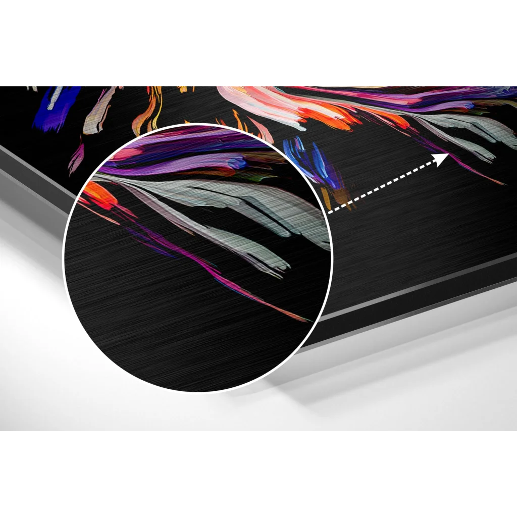 Vibrant abstract art on brushed aluminium dibond panel with purple, orange, blue strokes