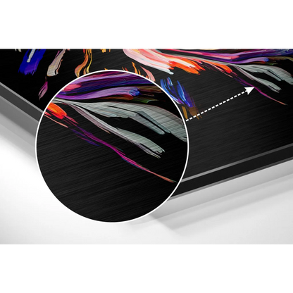 Vibrant abstract art on brushed aluminium dibond panel with purple, orange, blue strokes