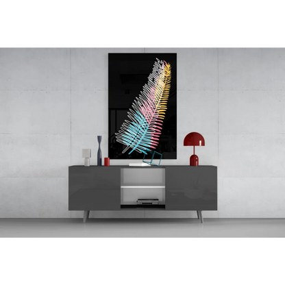 Vibrant neon feather glass wall art canvas print in pink yellow blue gradient