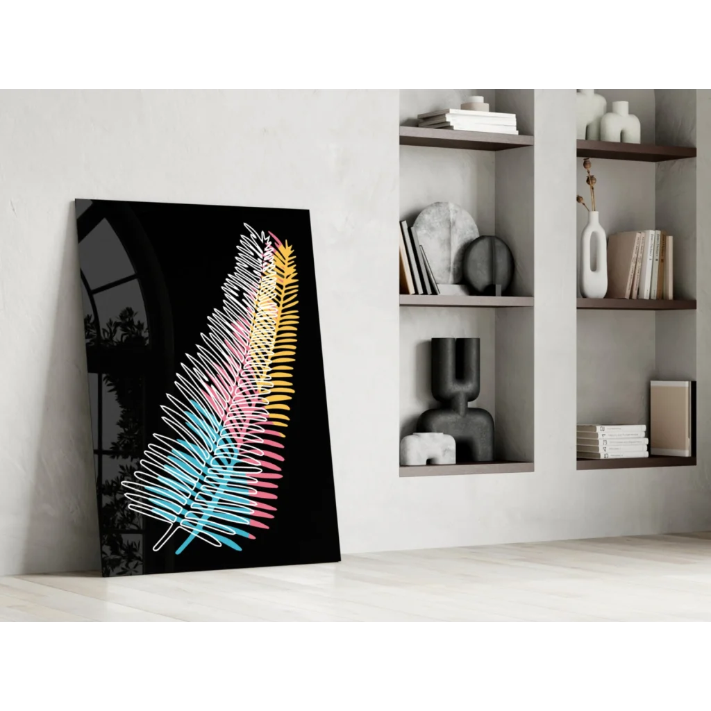 Vibrant neon feather glass wall art on sleek black canvas print