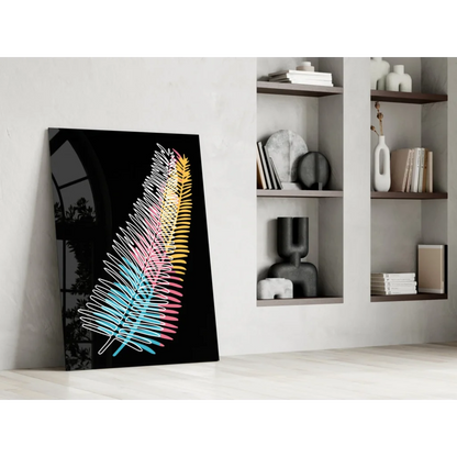 Vibrant neon feather glass wall art on sleek black canvas print