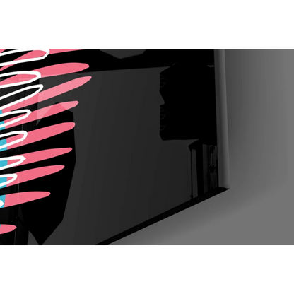 Sleek black laptop with neon pink blue stripes on Neon Feather glass wall art
