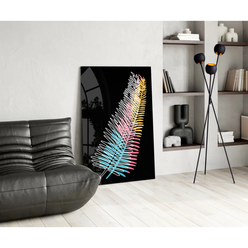 Vibrant neon feather glass wall art on black canvas print