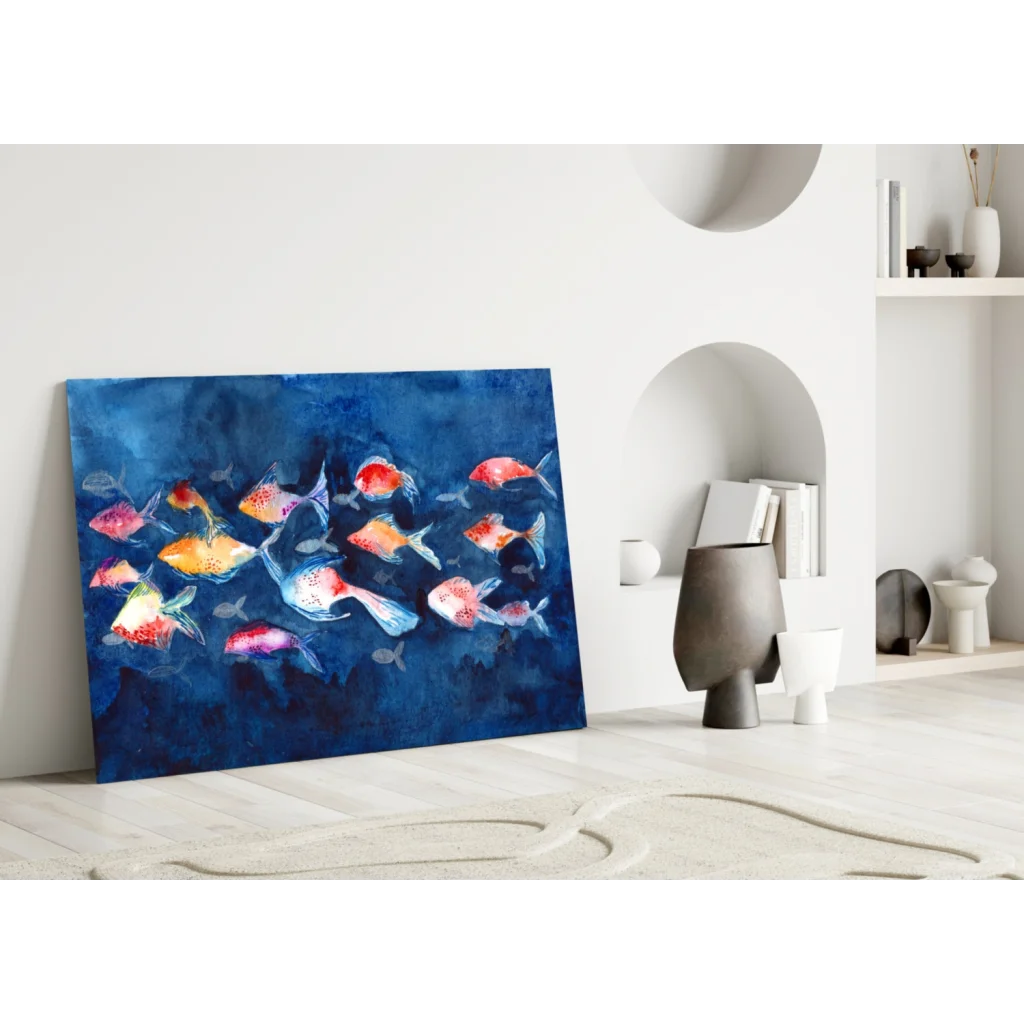Vibrant abstract fish glass wall art on deep blue canvas