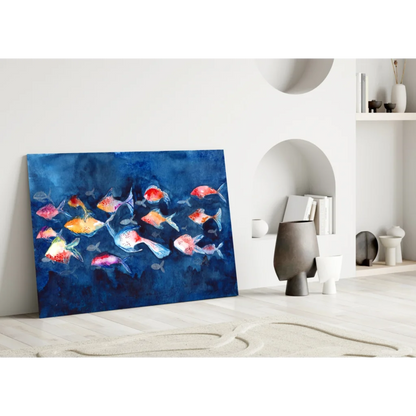 Vibrant abstract fish glass wall art on deep blue canvas