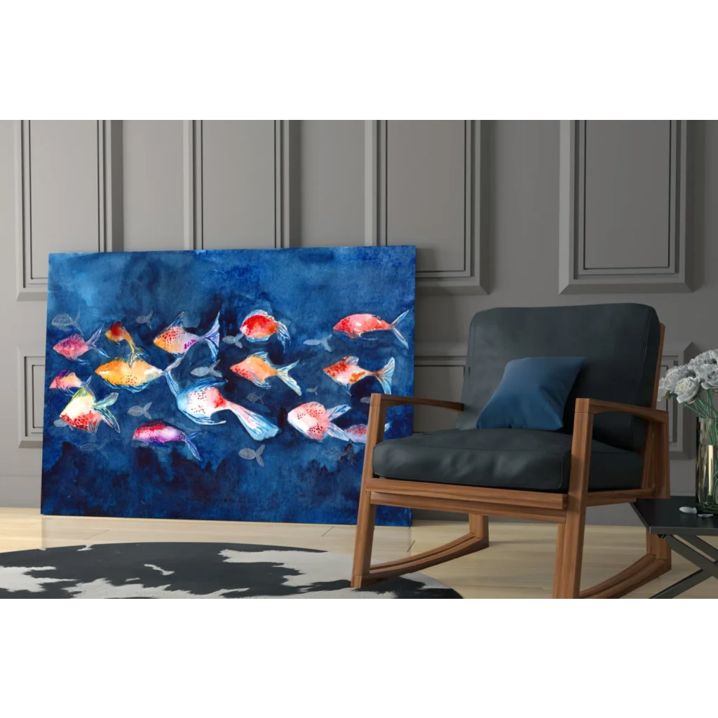 Vibrant colorful fish glass wall art on deep blue canvas