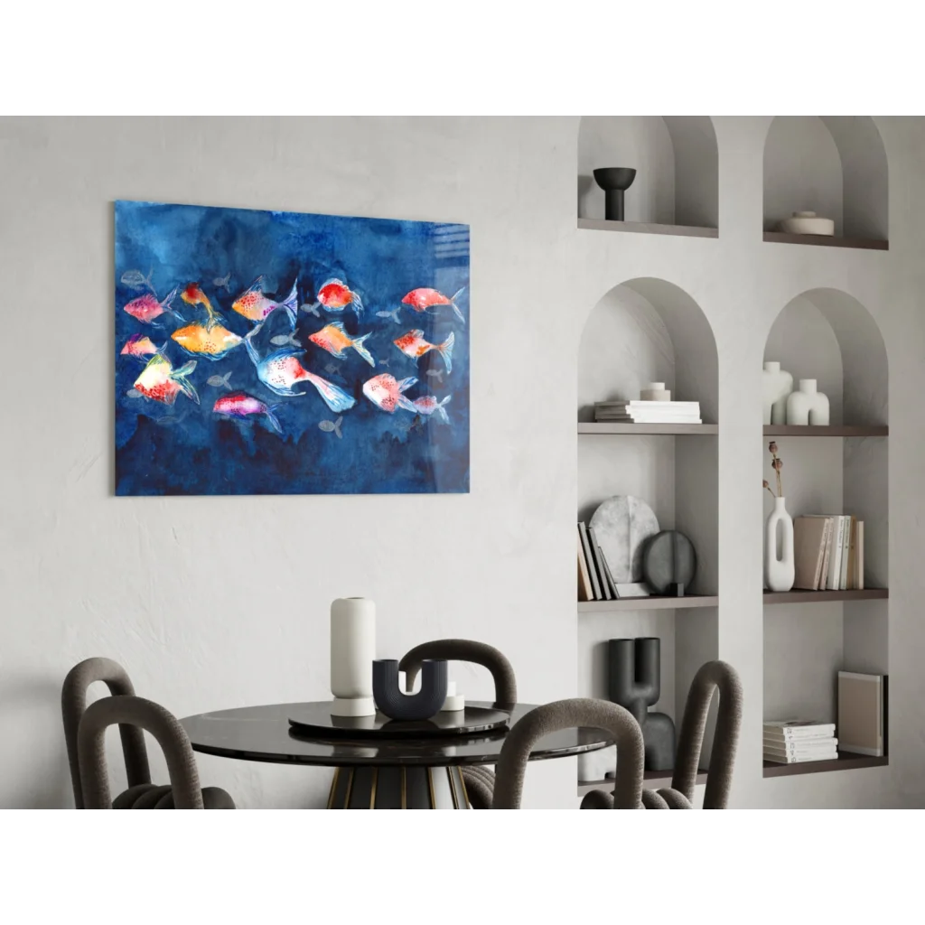 Vibrant colorful fish glass wall art on deep blue canvas