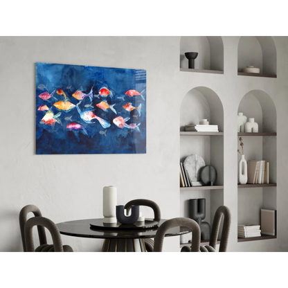Vibrant colorful fish glass wall art on deep blue canvas