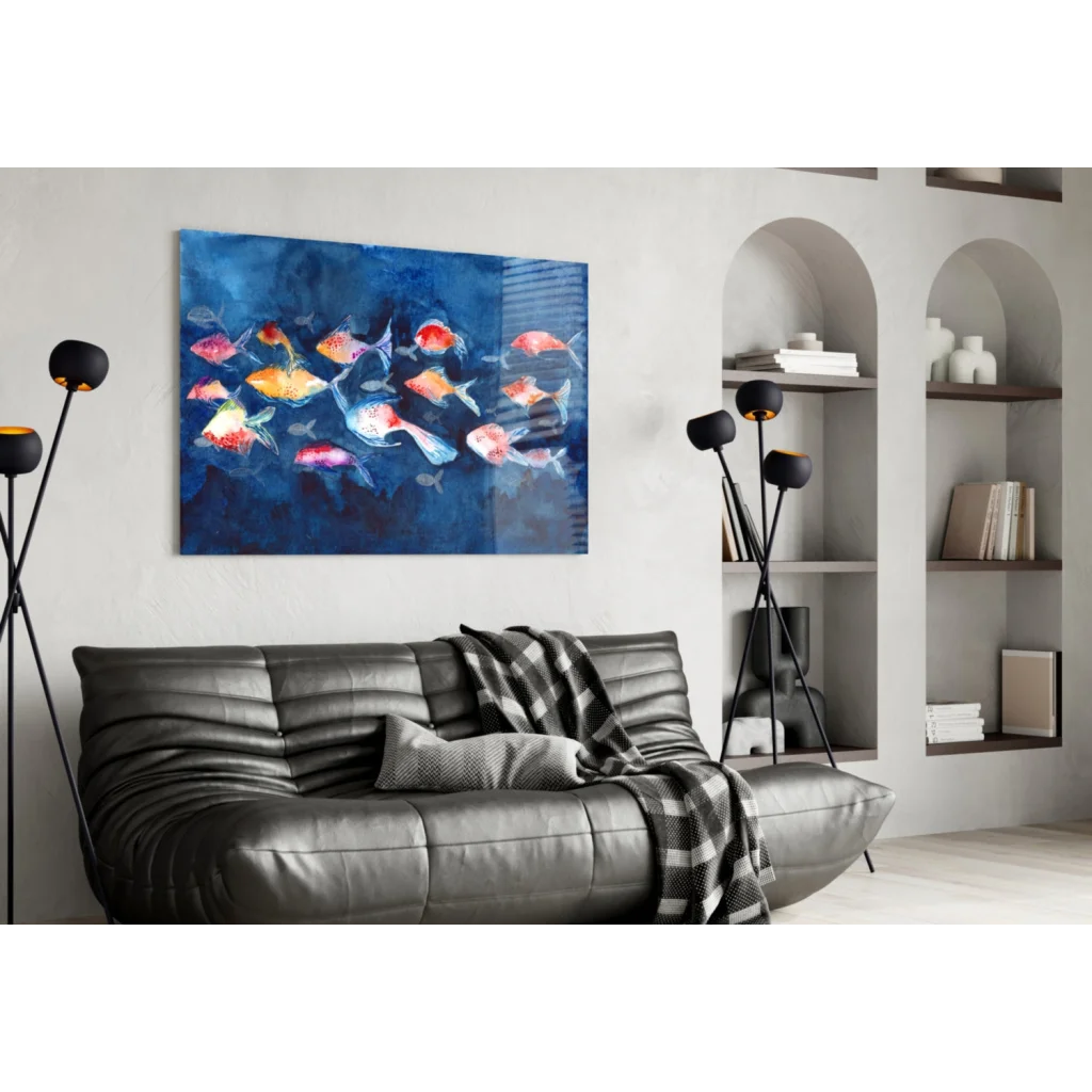 Vibrant colorful fish glass wall art on deep blue canvas