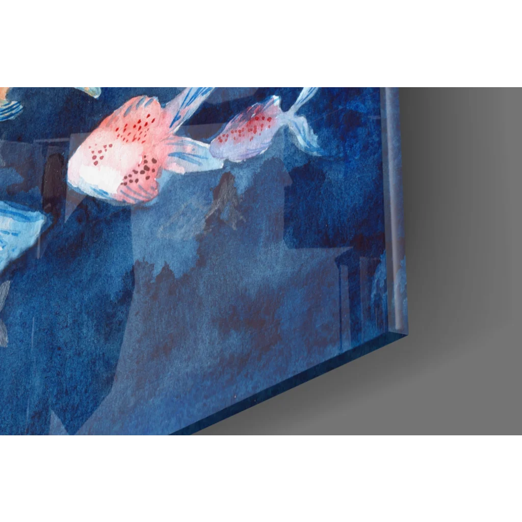 Stylized pink fish glass wall art on deep blue canvas
