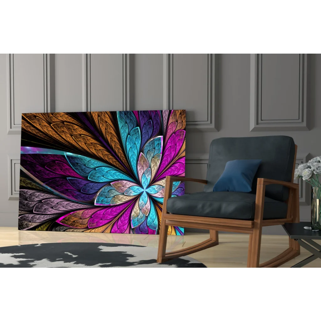 Vibrant fractal floral glass wall art with iridescent teal petals