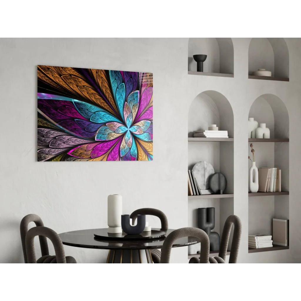 Vibrant abstract floral glass wall art in teal, magenta, gold, purple