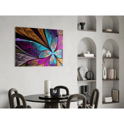 Vibrant abstract floral glass wall art in teal, magenta, gold, purple