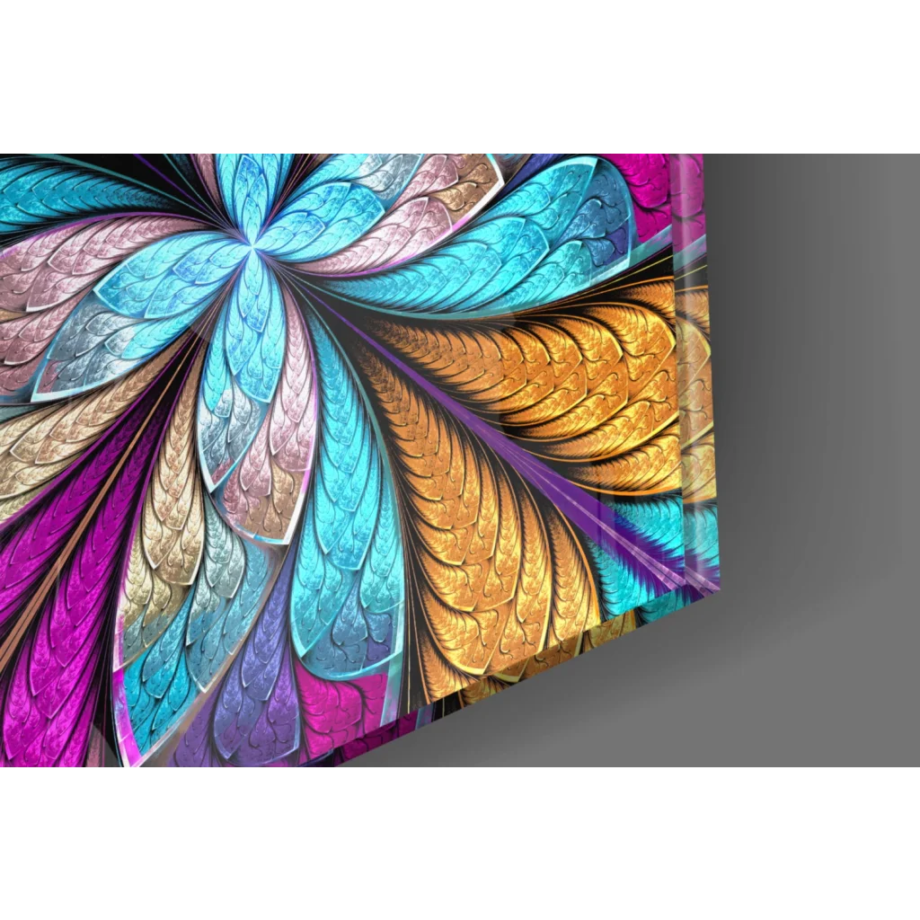 Vibrant multicolored fractal glass wall art with teal, gold, magenta feathers