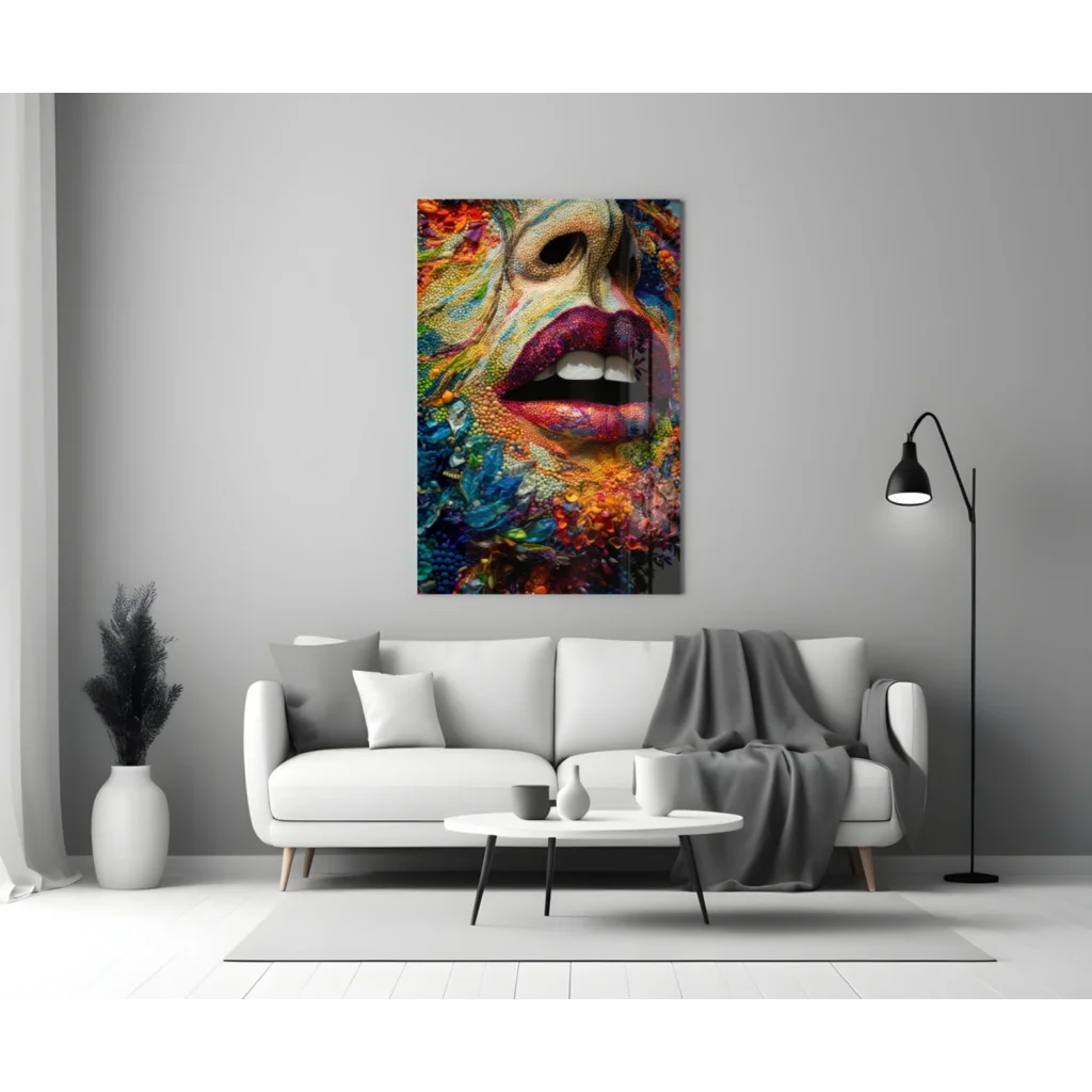 Colorful Glass Wall Art Portrait With Bold Red Lips | Modern Wall Art Decor | vintageantiquesgifts.com
