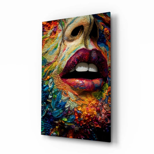 Colorful Glass Wall Art Portrait With Bold Red Lips | Insigneart USA | vintageantiquesgifts.com