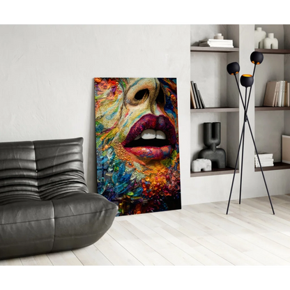 Vibrant colorful glass wall art portrait with bold red lips